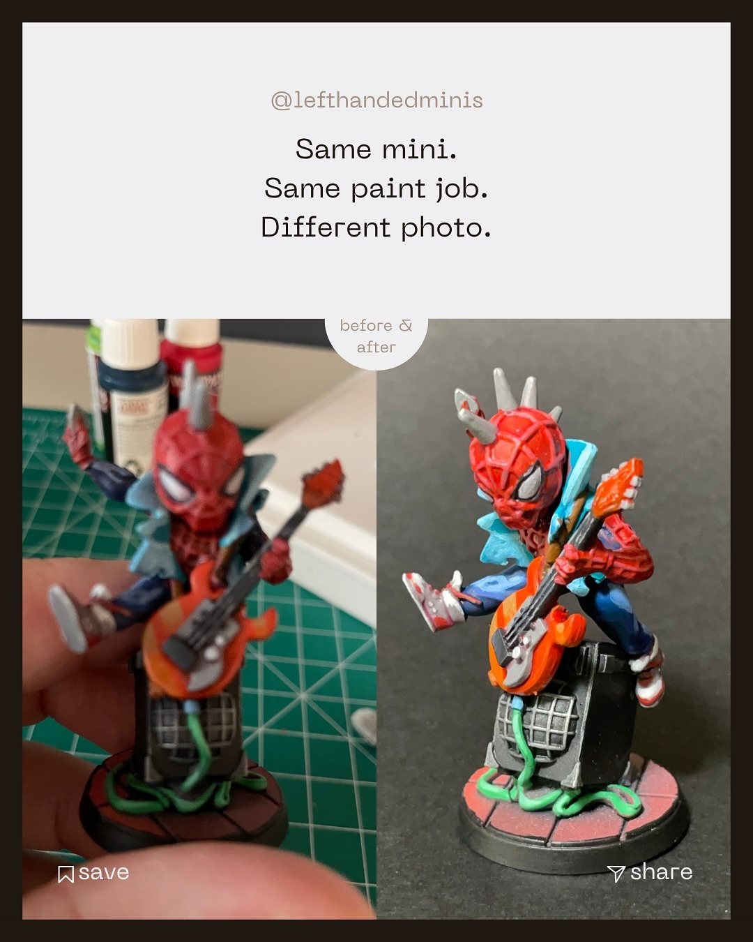 Before and after: the same Spider-Punk mini shot on a messy desk and on a clean backdrop