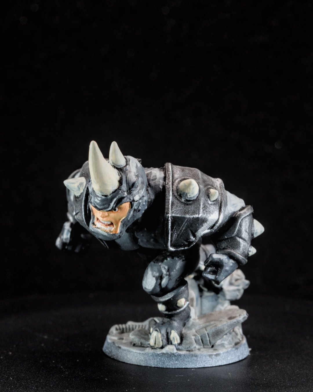 Rhino painted in a mostly monochrome scheme