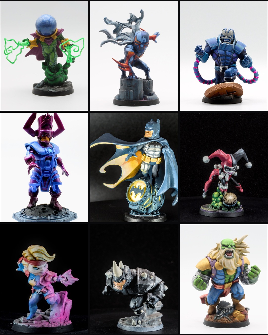 Grid collage of the painted minis in this post: Mysterio with his fishbowl helmet and green smoke effects; Spider-Man 2099 crouched on a rooftop base; Apocalypse in blue armor with pink cables; Galactus in purple and blue on a lunar base; Batman with cape spread over a Bat-Signal base; Harley Quinn in red and black on a green bubbling base; Dazzler with pink light blasting from her hands; Monochrome grey Rhino charging; Maestro, the bearded future Hulk, flexing