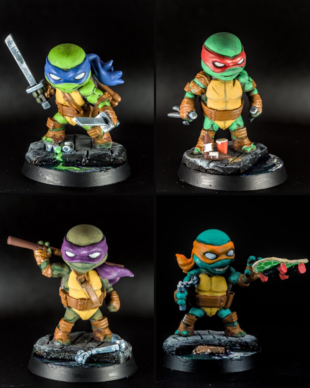 Grid collage of the painted minis in this post: Leonardo with twin katanas on a sewer base; Raphael with his sai on a sewer base; Donatello with his bo staff on a sewer base; Michelangelo with a pizza and his skateboard